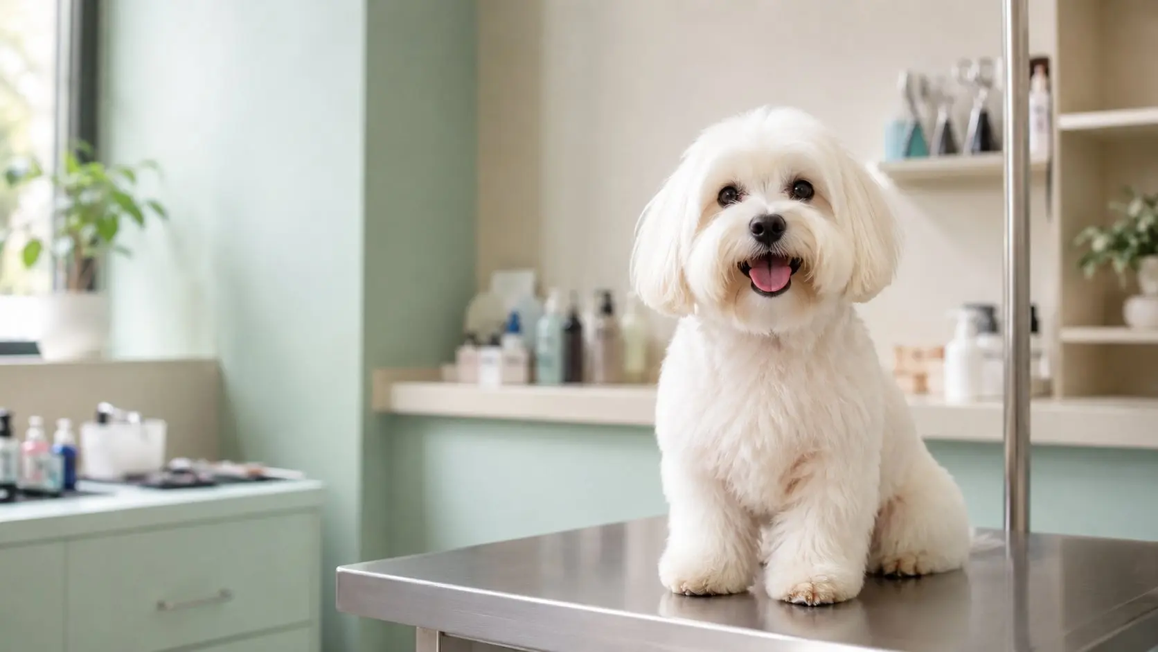 كلب مالطي أبيض بعد جلسة عناية يجلس على طاولة الجرومينج في عيادة بيطرية مضيئة بدبي
